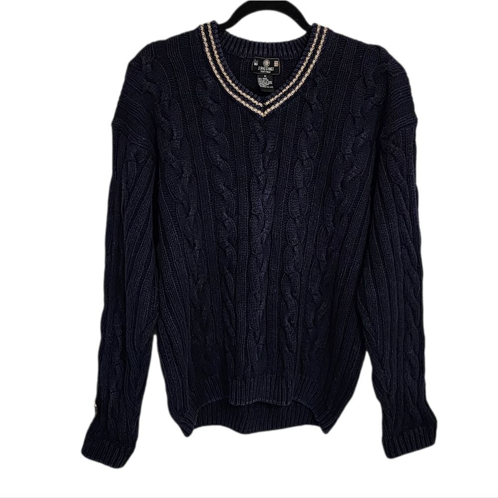 Vintage Mens Sweater M Navy Blue Old Money Preppy New England Cable Knit Chunky